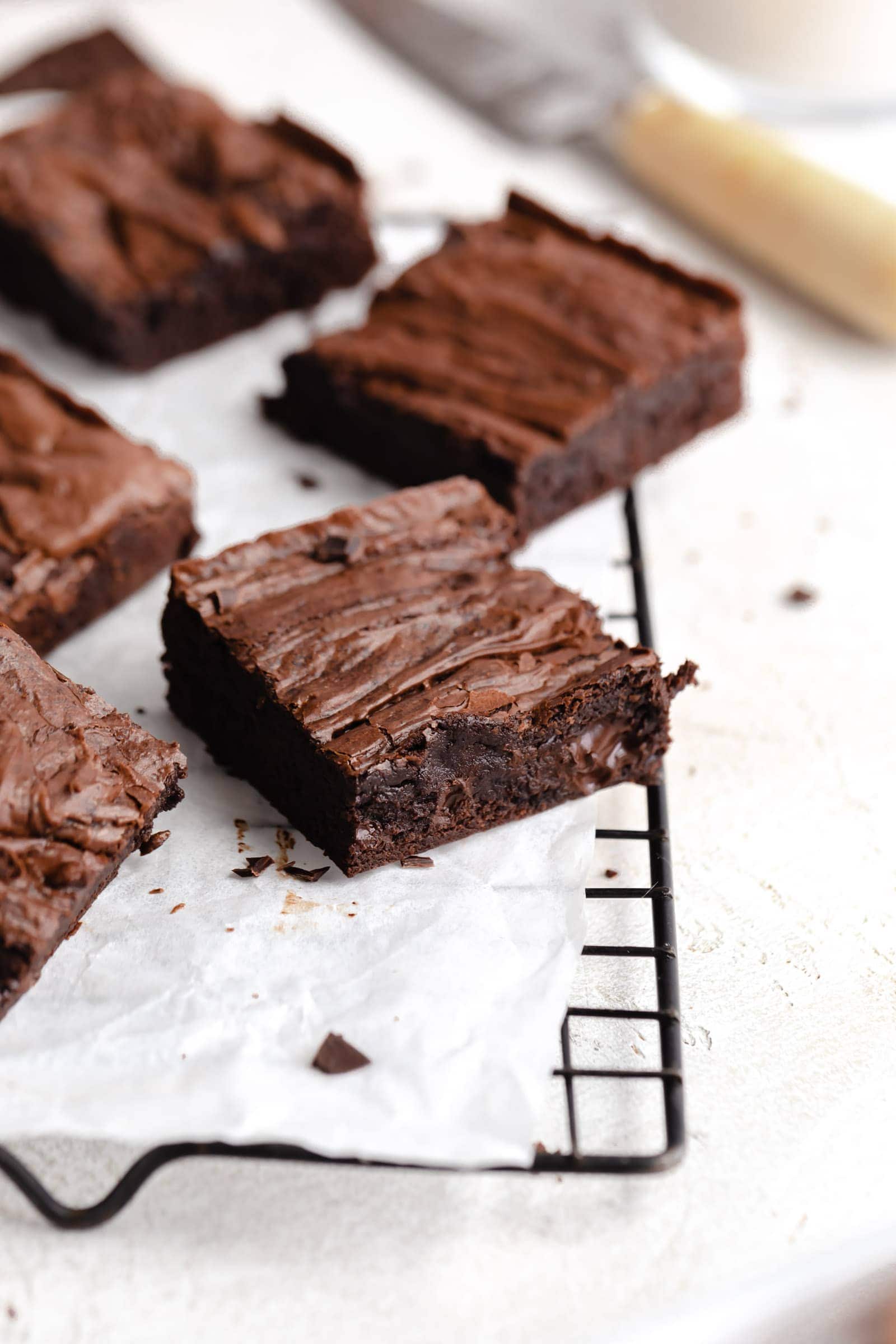 fudgy brownies on a cooling rack