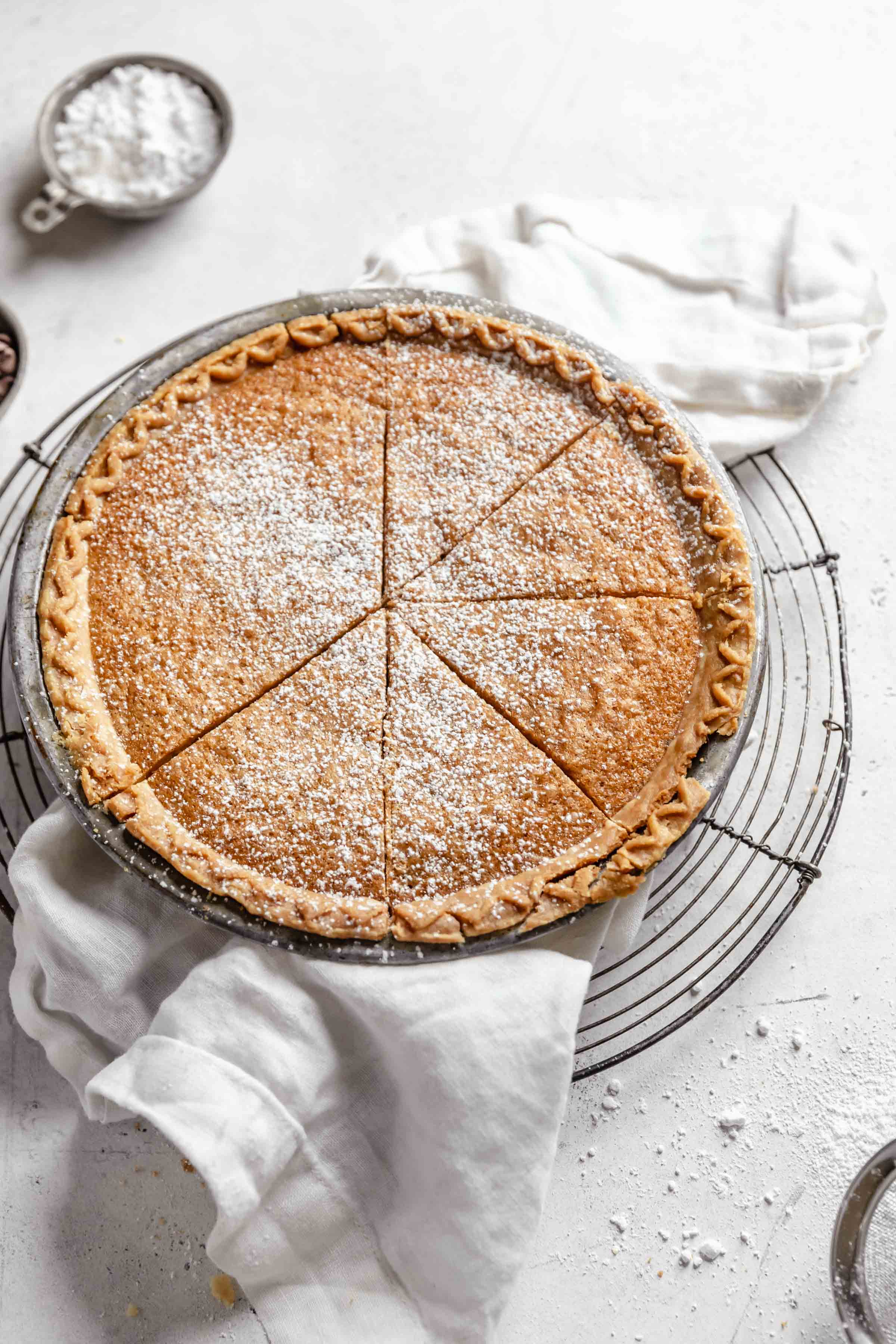overhead shot of cut chocolate chip cookie pie