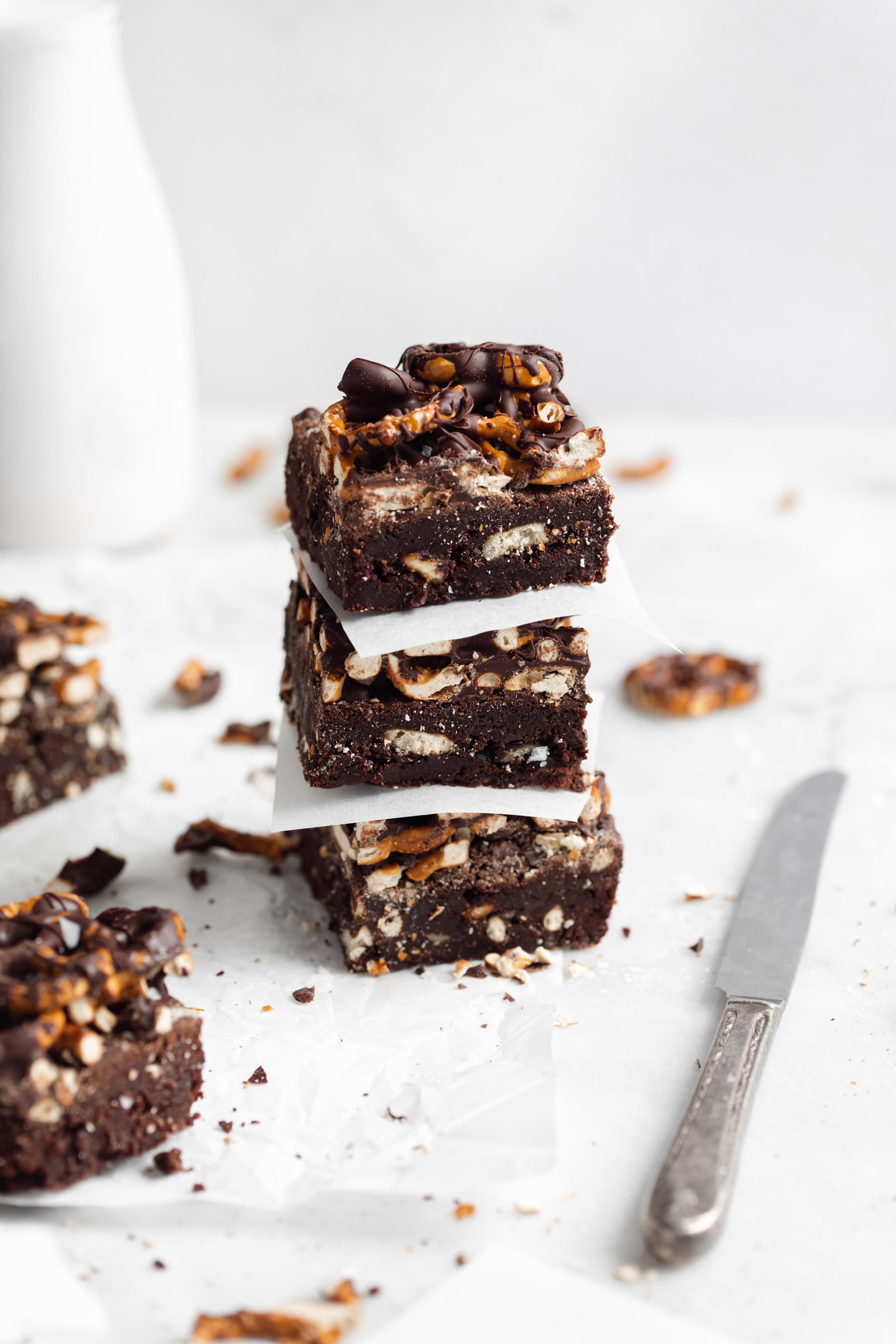 stack of chocolate covered pretzel brownies