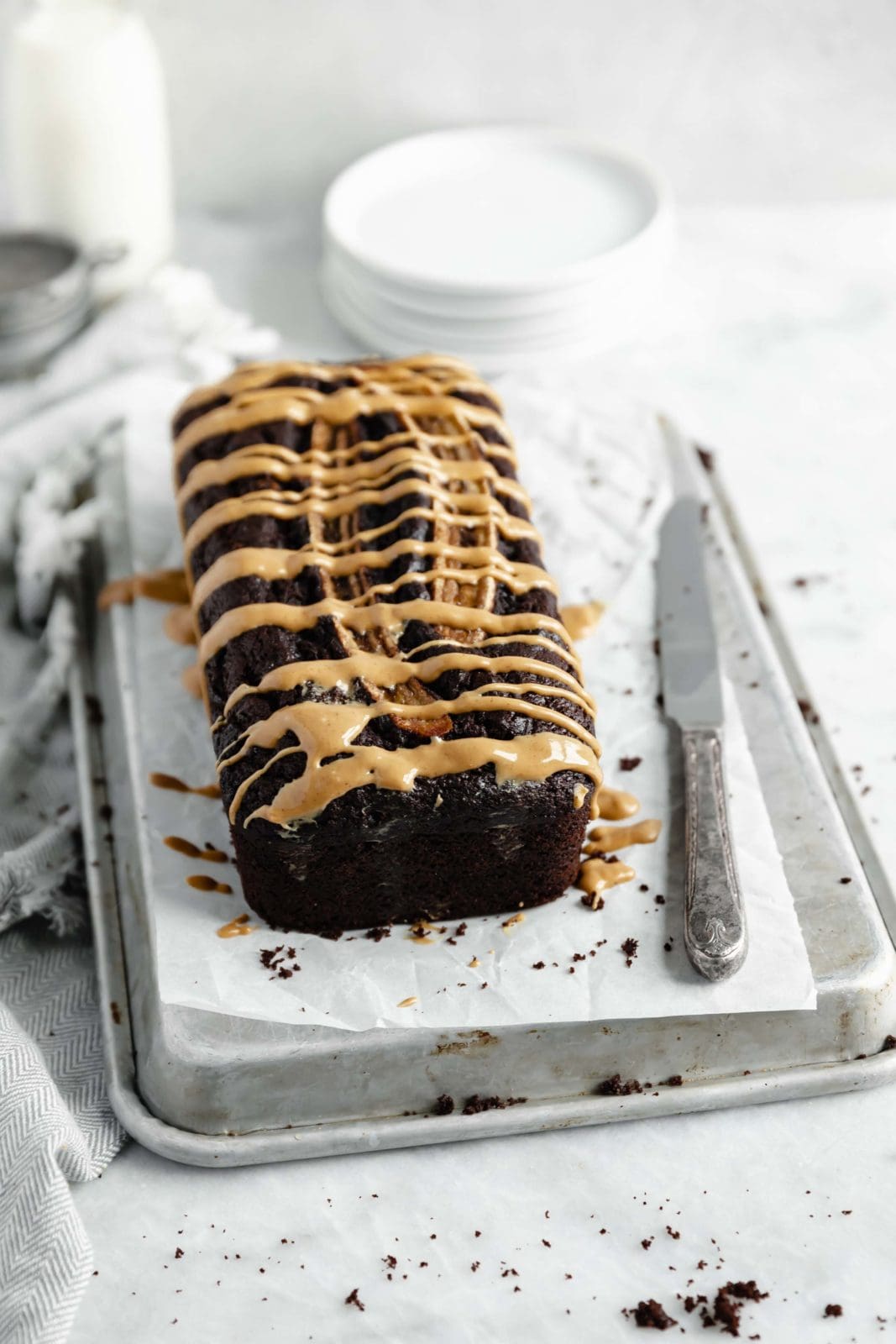 peanut butter chocolate banana bread loaf packed full of peanut butter chocolate flavor!