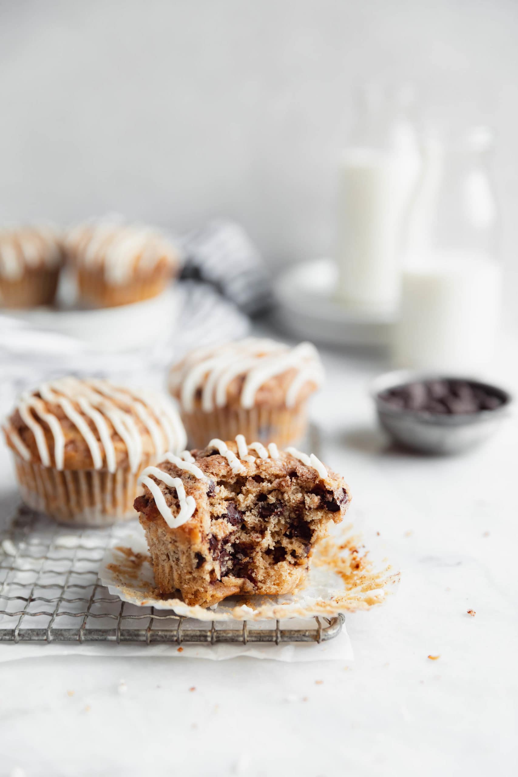 cinnamon chocolate chip muffinwith a bite taken out