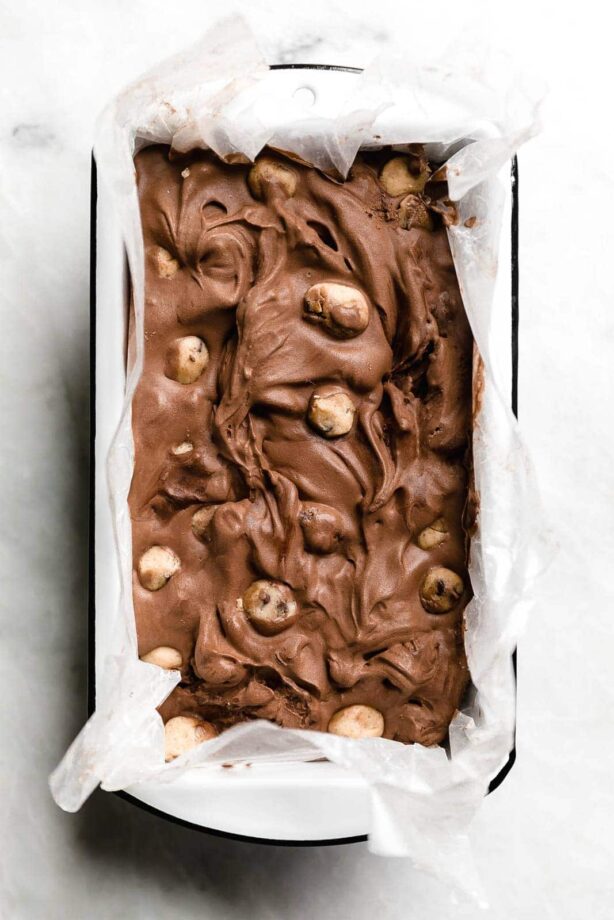 A creamy, dreamy Double Dark Chocolate Cookie Dough Ice Cream made with two types of chocolate and homemade cookie dough pieces.