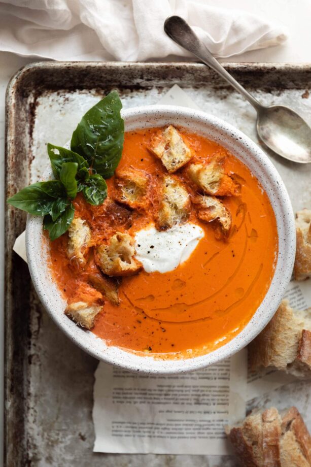 garden fresh homemade tomato soup with parmesan and basil