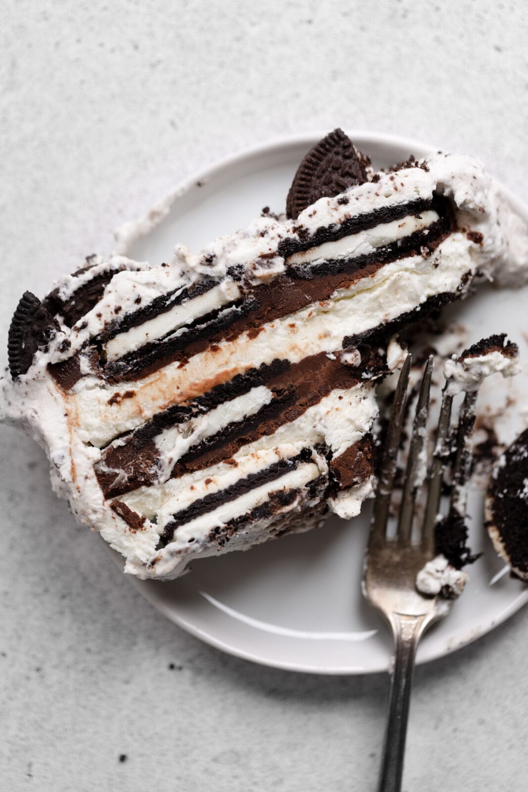 slice of mocha cookies and cream icebox cake