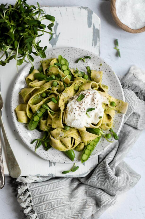 pea pesto pasta on a plate