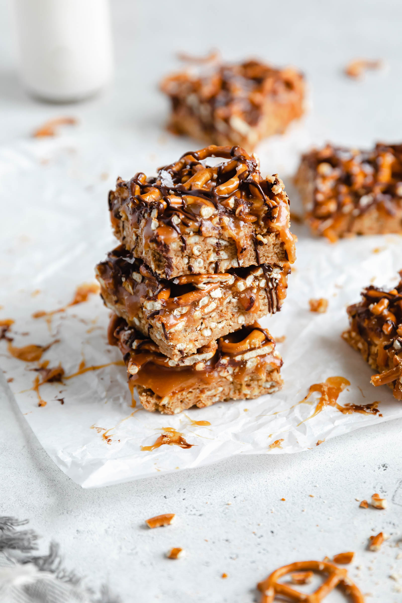 stack of no bake caramel pretzel bars