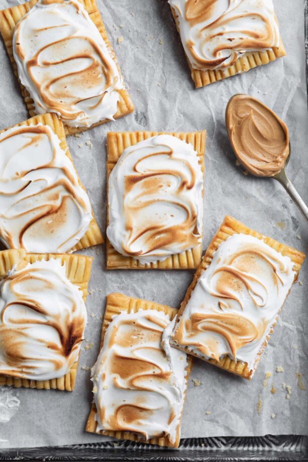 peanut butter and fluff pop tarts on a cookie sheet