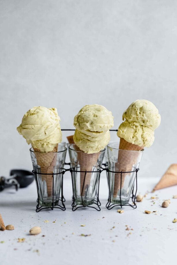 homemade pistachio ice cream in cones