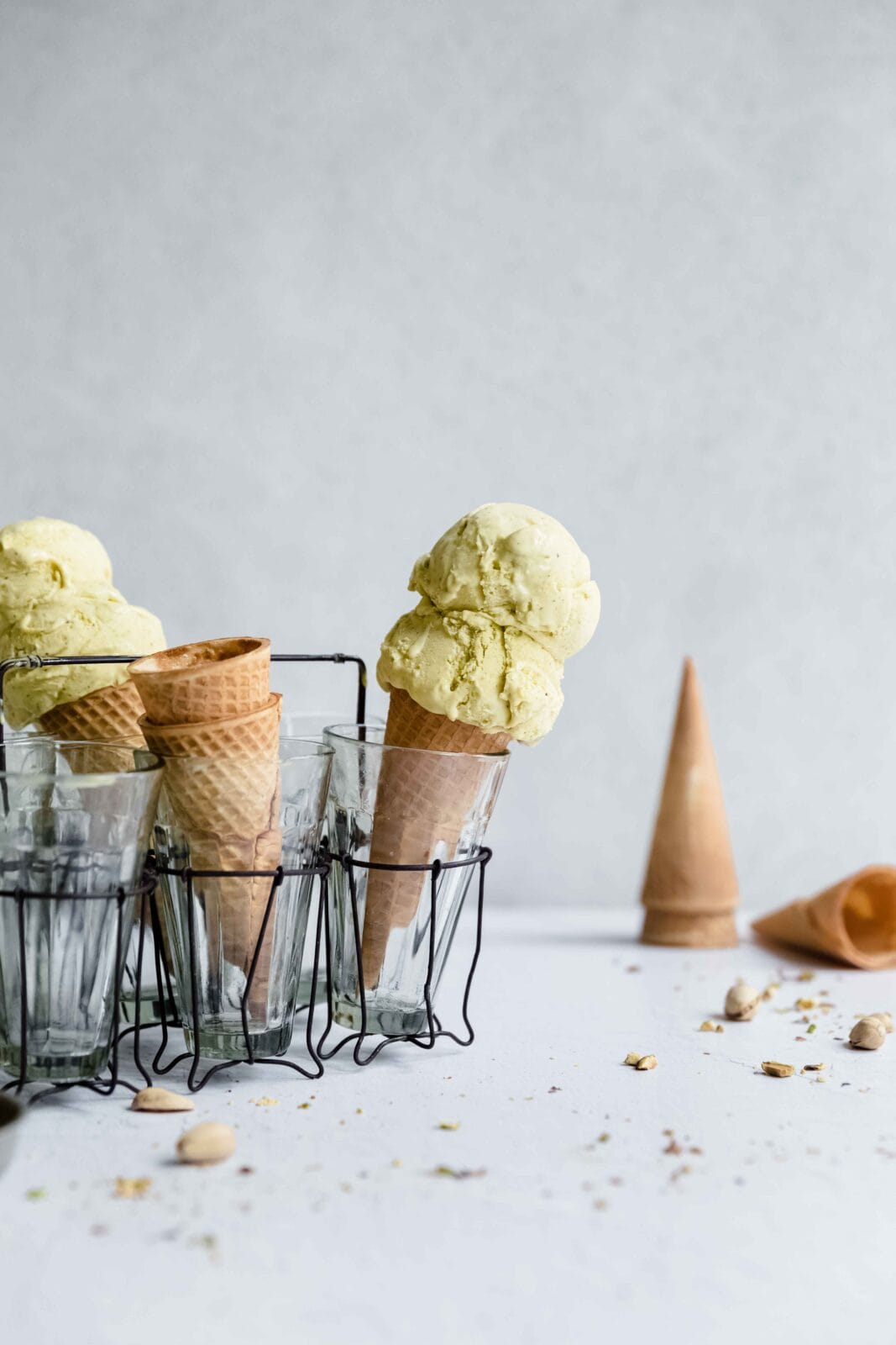 pistachio ice cream in sugar cones