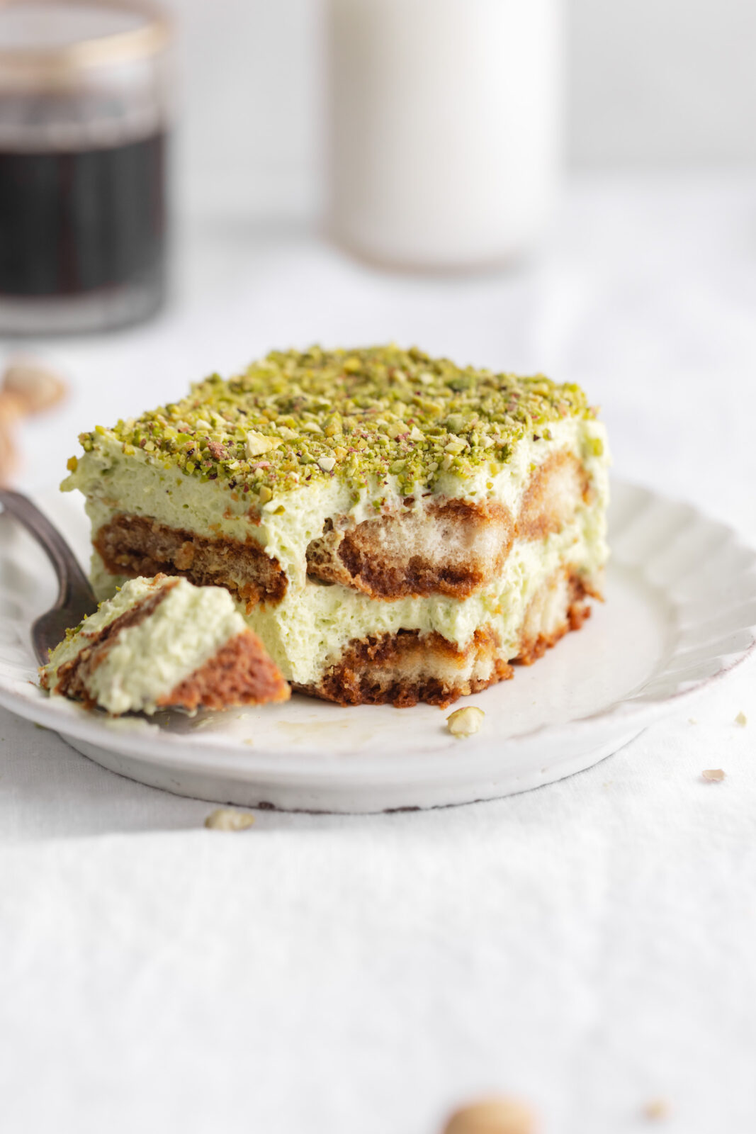 pistachio tiramisu on a plate