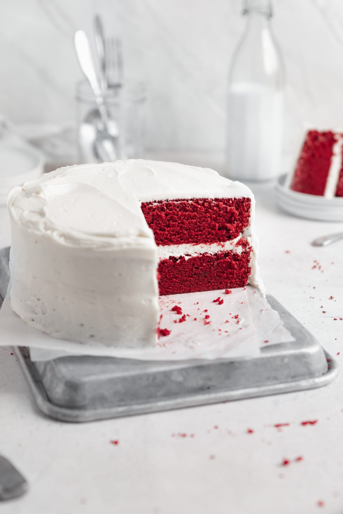 red velvet cake with slice taken out