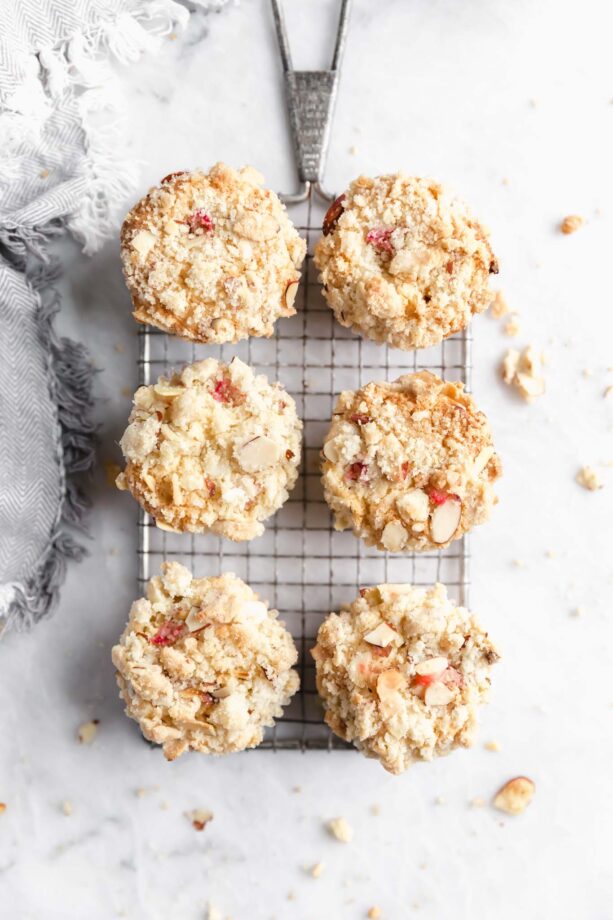 Looking for your new favorite spring muffin recipe? We gotcha covered. These Almond rhubarb muffins are tender, moist and packed with chunks of rhubarb. YUM