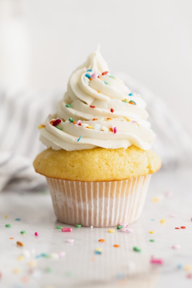 single serve vanilla cupcake with vanilla frosting