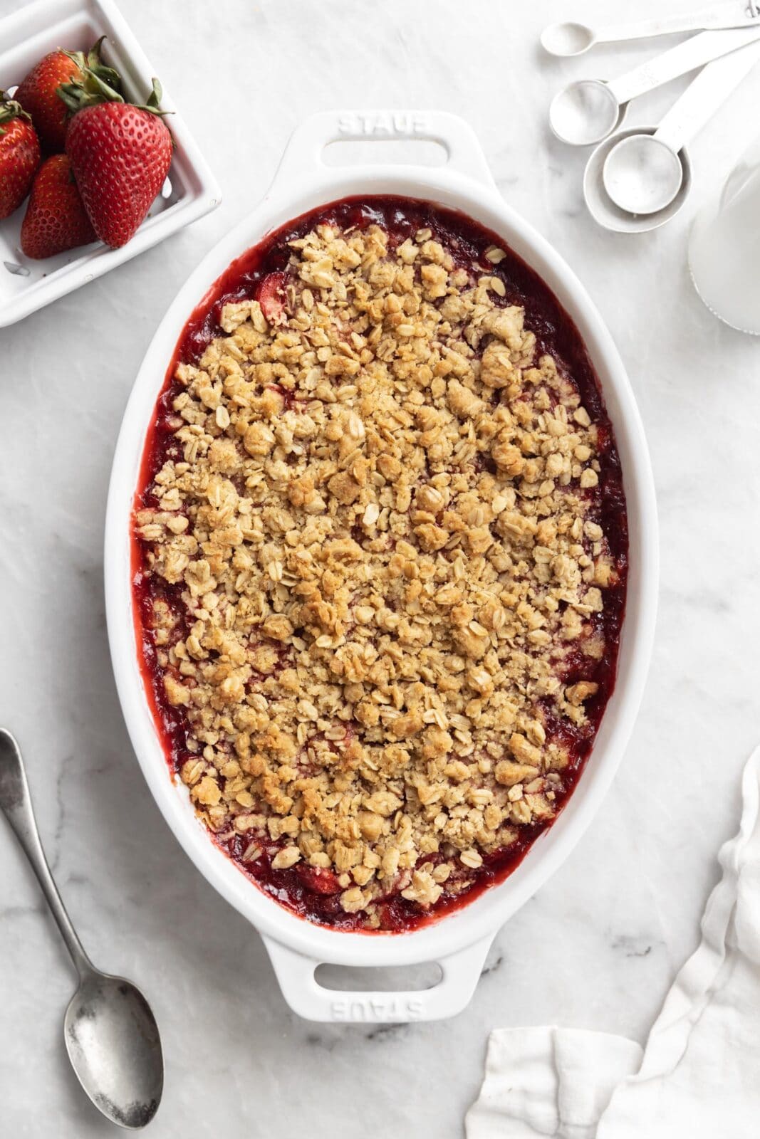 strawberry rhubarb crisp in a baking dish