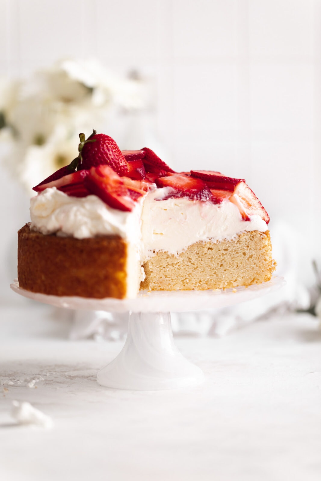 strawberry shortcake on a cake stand
